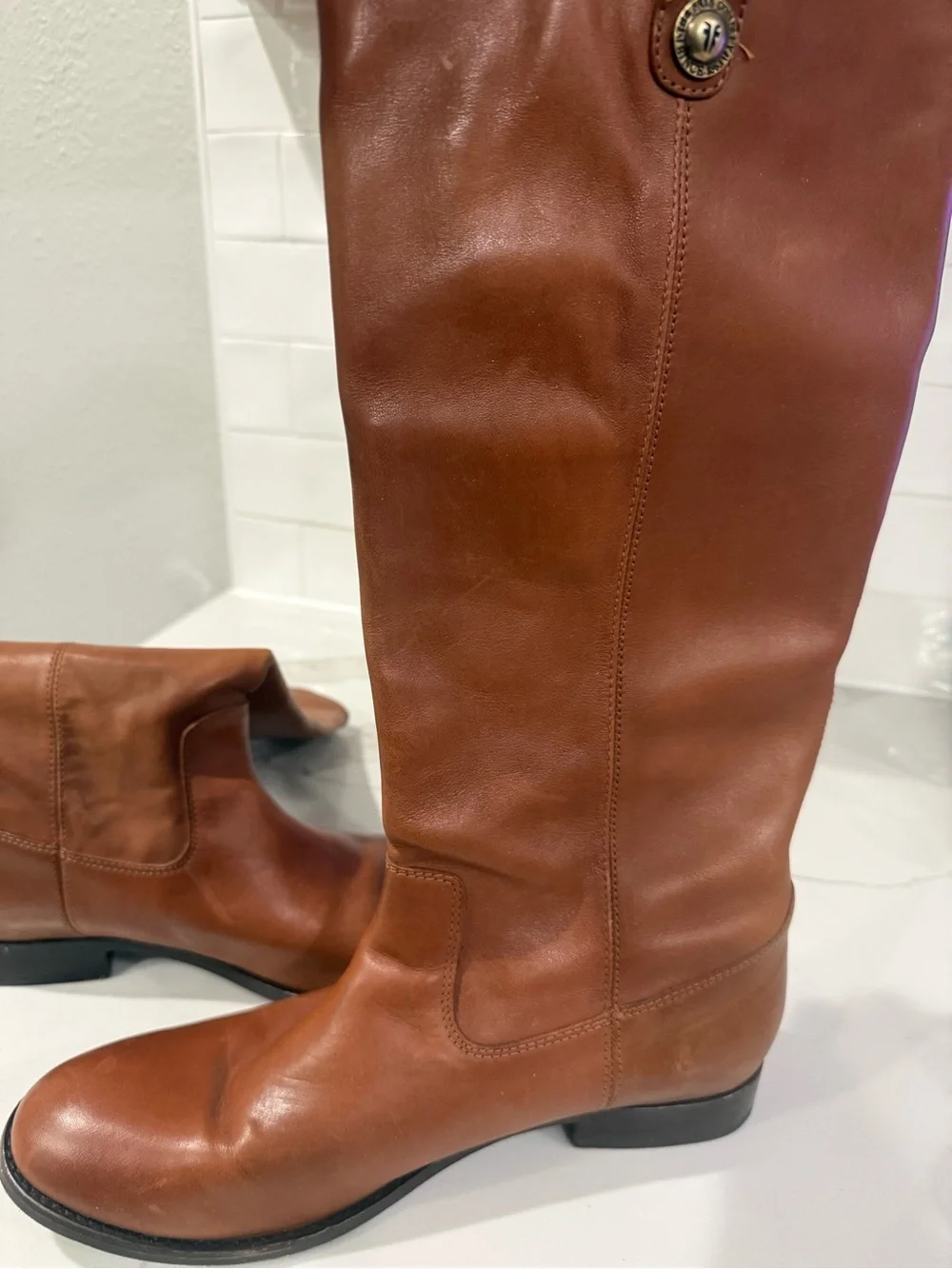 Frye Tall Leather Riding Boots in Cognac Brown